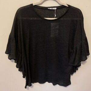 Zara linen black ruffle sleeve top NWT